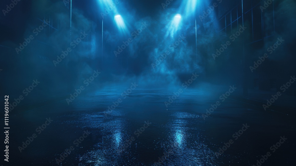 Dark street, wet asphalt, reflections of rays in the water. Abstract dark blue background, smoke, smog. Empty dark scene, neon light, spotlights. Concrete floor Dark street, wet asphalt, reflections of rays in the water. Abstract dark blue background, smoke, smog. Empty dark scene, neon light, spotlights. Concrete floor