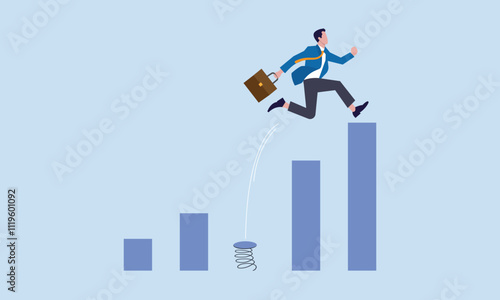 Business challenge, strong businessman jumping from trampoline back to top of growing bar graph, revenue rebound and recover from economic crisis or earning and profit growth jump from bottom concept.