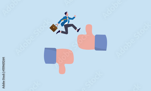 Improvement or courage, change or transform to better opportunity, aspiration or challenge concept, determination to progress or career growth, courage businessman jumping from thumb down to thumb up.
