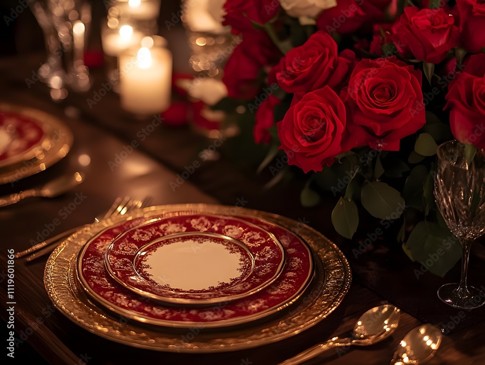Elegant dinner setting with exquisite red roses and fine china, illuminated by soft candlelight, perfect for romantic occasions. Elegant dinner setting with exquisite red roses and fine china, illuminated by soft candlelight, perfect for romantic occasions.