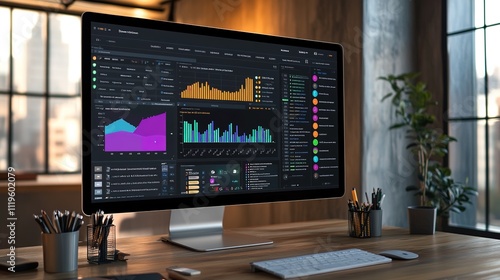 Modern office desk with computer screen displaying financial charts