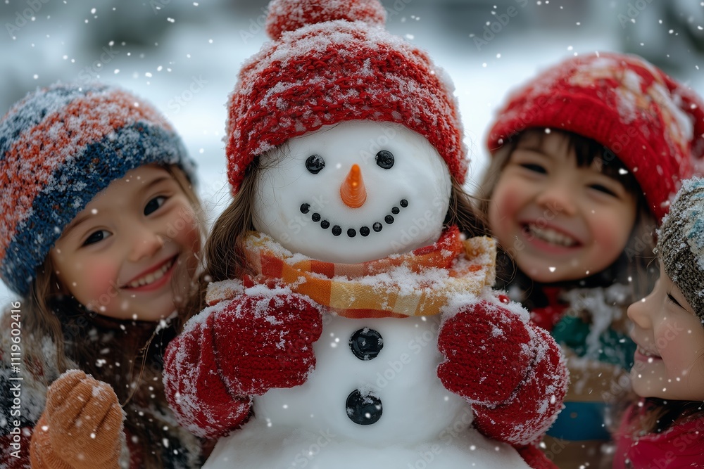 A group of cheerful children enjoy a winter day, proudly showcasing their snowman creation. A group of cheerful children enjoy a winter day, proudly showcasing their snowman creation.