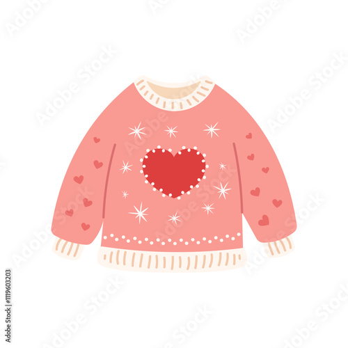 Knitted pink sweater with hearts and stars insulated. Cozy sweater for valentine's day. Vector illustration on white background