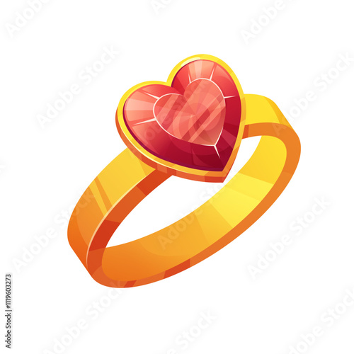 Gold ring with ruby isolated. Gemstone in  gold frame. Vector illustration on white background