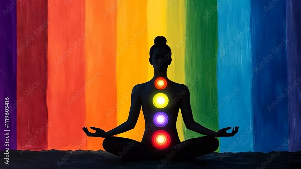 Silhouette of a person meditating with chakras illuminated, against a rainbow background, promoting wellness and spirituality Silhouette of a person meditating with chakras illuminated, against a rainbow background, promoting wellness and spirituality