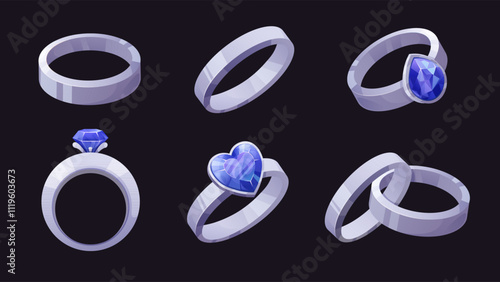 Set of silver rings with sapphires. Engagement rings, gift for wedding or valentine's day for lovers. Vector isolated icons