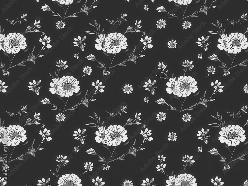 Obraz premium Seamless charcoal small floral elements wallpaper with delicate blossoms and leaves, design, botanical
