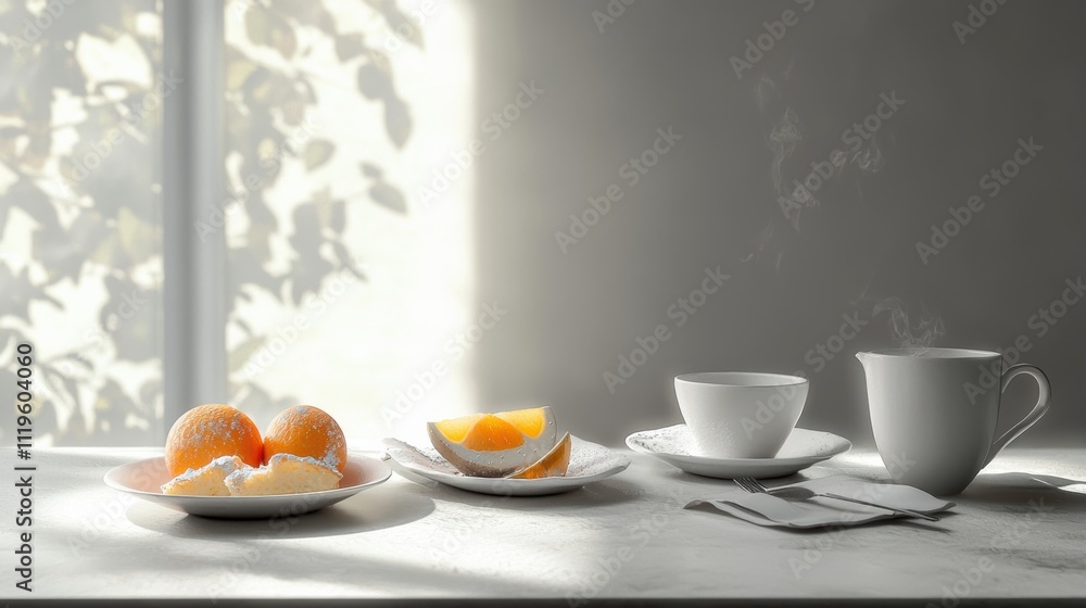 Morning breakfast scene with fruits and beverages home kitchen still life photography natural light Morning breakfast scene with fruits and beverages home kitchen still life photography natural light