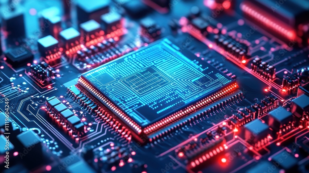 Neoninfused microchip closeup, glowing circuits emphasizing futuristic innovation in technology close up, digital core, vibrant, Blend mode, tech lab backdrop Neoninfused microchip closeup, glowing circuits emphasizing futuristic innovation in technology close up, digital core, vibrant, Blend mode, tech lab backdrop