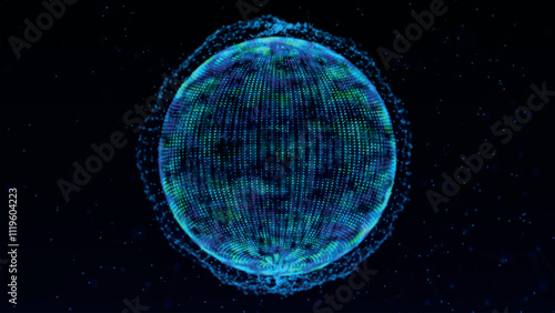 Abstract 3D sphere of neon dots and stripes. Sphere of dots and lines on dark background. Global network connection. Abstract atom. Physics and science concept. Vector illustration.