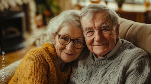 Elderly couple smiles while embracing on a comfortable couch in their inviting living room