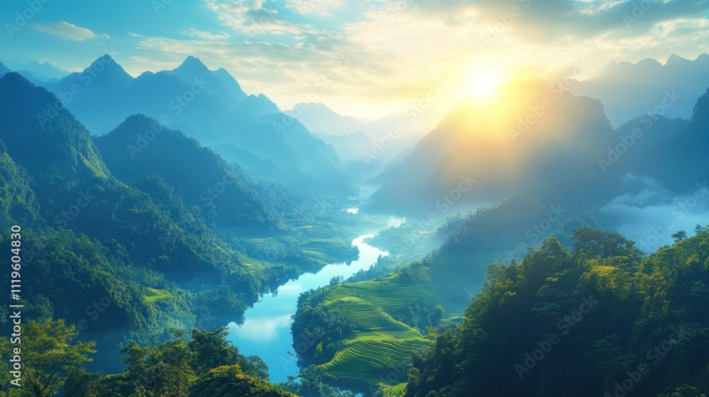 Morning light breaks over lush mountains and a tranquil river, creating a peaceful atmosphere in nature Morning light breaks over lush mountains and a tranquil river, creating a peaceful atmosphere in nature