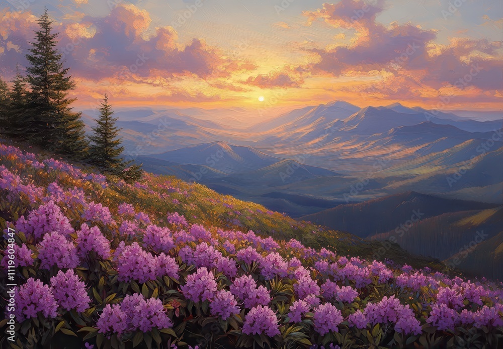 Fototapeta premium Breathtaking Landscape of Sunset Over Flowering Mountains with Vibrant Purple Rhododendrons and Majestic Peaks Under a Softly Colored Sky