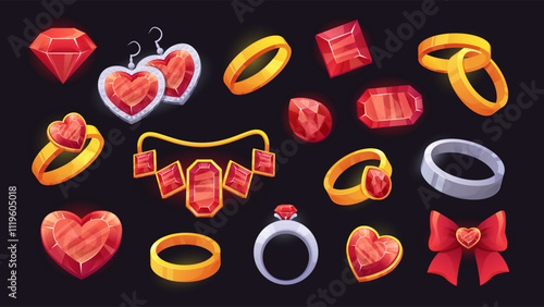 Heart shaped jewelry set. Gold rings, earrings, highlighters with ruby. Vector cartoon jewelry for valentine's day or wedding