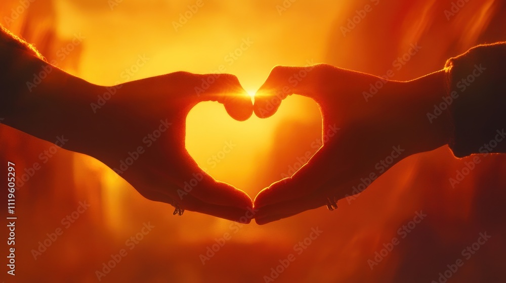 Two hands forming a heart shape against a vibrant sunset. Two hands forming a heart shape against a vibrant sunset.