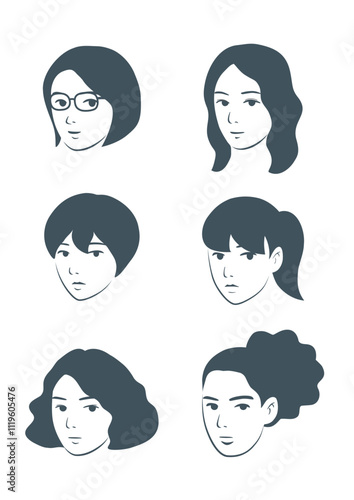 顔イラストセット女性/1C