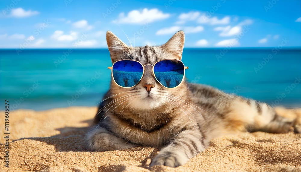 Fototapeta premium Cool Cat on Beach Vacation: A Feline Summer Idyll