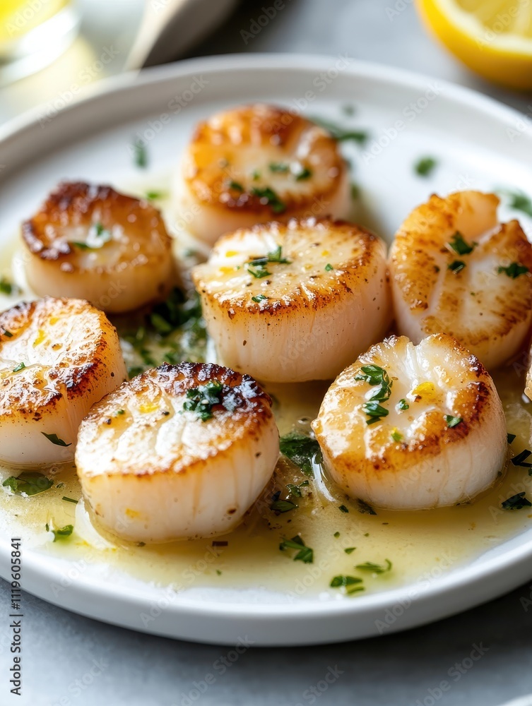 A plate of seared scallops garnished with herbs and lemon, showcasing a gourmet seafood dish. A plate of seared scallops garnished with herbs and lemon, showcasing a gourmet seafood dish.