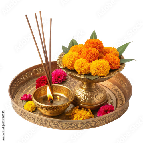 Brass Puja Thali with Incense, Flowers, and Oil Lamp