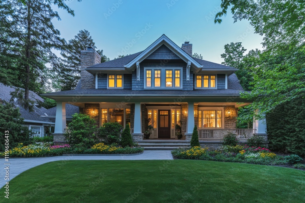 Cozy craftsman house warm glowing windows twilight front porch with white pillars Cozy craftsman house warm glowing windows twilight front porch with white pillars