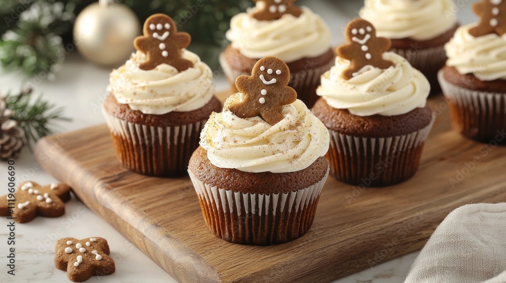 Delight in the cozy essence of Christmas with gingerbread cupcakes topped with fluffy cream and charming gingerbread man decorations, perfect for festive gatherings Delight in the cozy essence of Christmas with gingerbread cupcakes topped with fluffy cream and charming gingerbread man decorations, perfect for festive gatherings