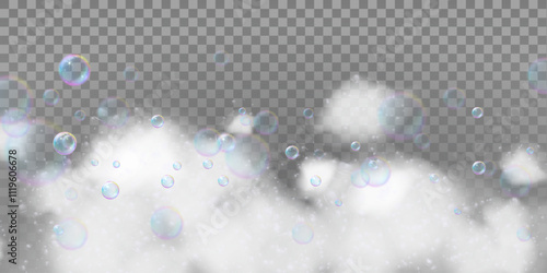 soap suds, realistic white airy soap foam with bubbles on transparent cut out background