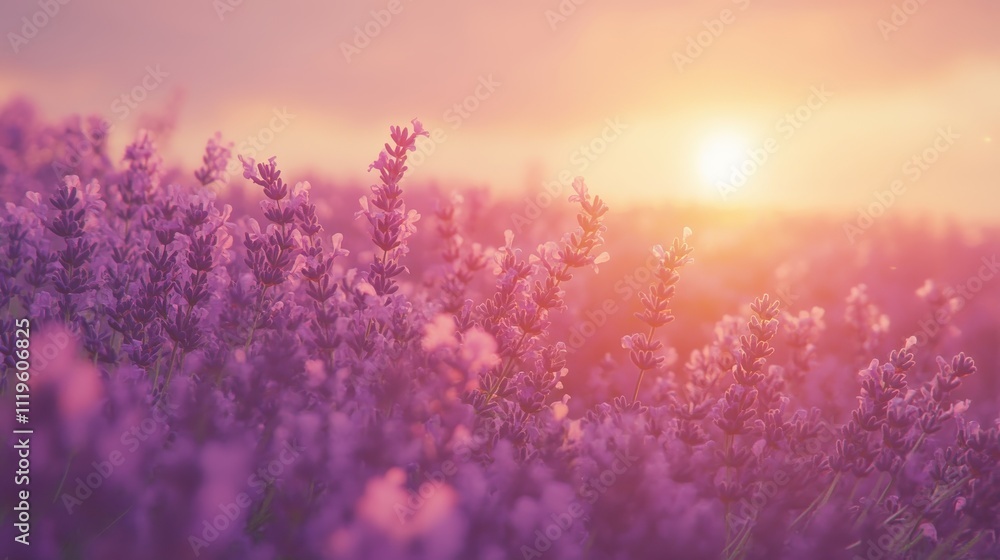 Fototapeta premium Lavender fields stretching across the horizon with warm sunlight casting soft shadows over the blooms selective focus