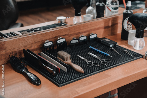 portrait of barber tools on wood top. essentials tools for barber.Gentleman's accessories photo