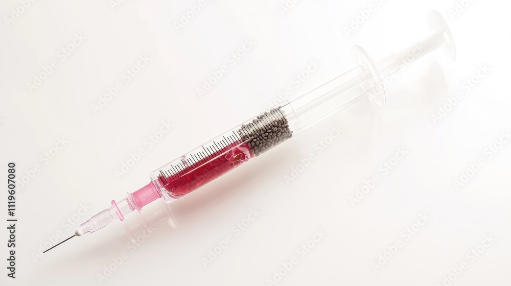 Close-up of a syringe filled with red liquid and small metallic beads against a white background. Close-up of a syringe filled with red liquid and small metallic beads against a white background.