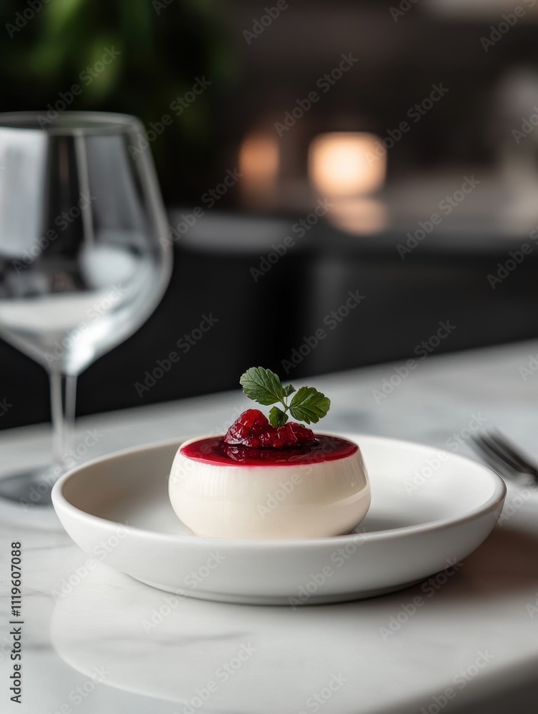 A creamy dessert topped with raspberry sauce and mint, elegantly presented on a table. A creamy dessert topped with raspberry sauce and mint, elegantly presented on a table.