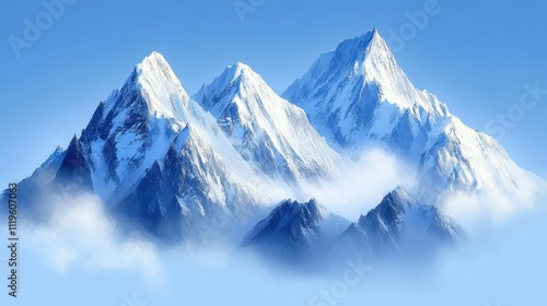 Snowcovered mountains towering against a clear blue sky, crisp winter air creating a majestic scene focus on, alpine beauty, realistic, Double exposure, highaltitude backdrop photo