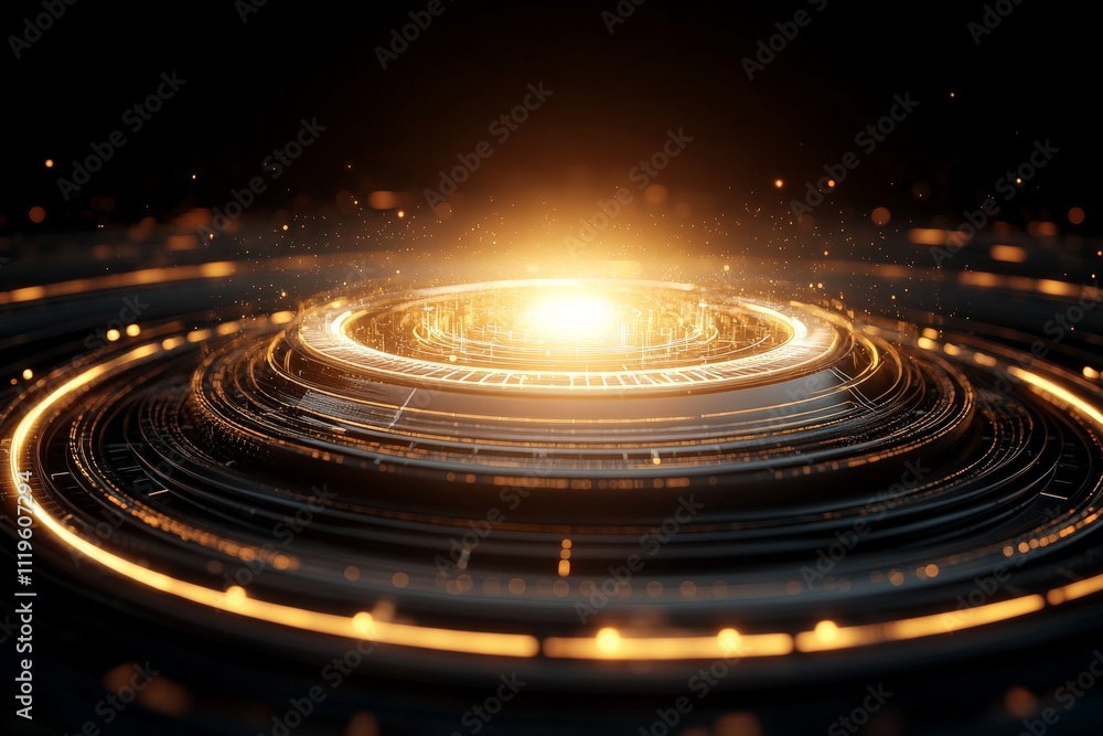 Fototapeta premium Abstract digital art showcasing glowing concentric circles against a dark background with a bright center