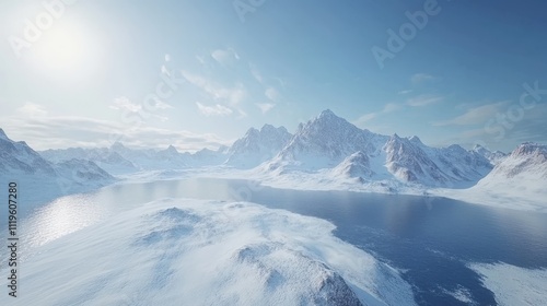 Majestic mountain range blanketed in fresh snow, soft light illuminating the peaks and frozen terrain selective focus, pristine nature, ethereal, Composite, frosty summit backdrop