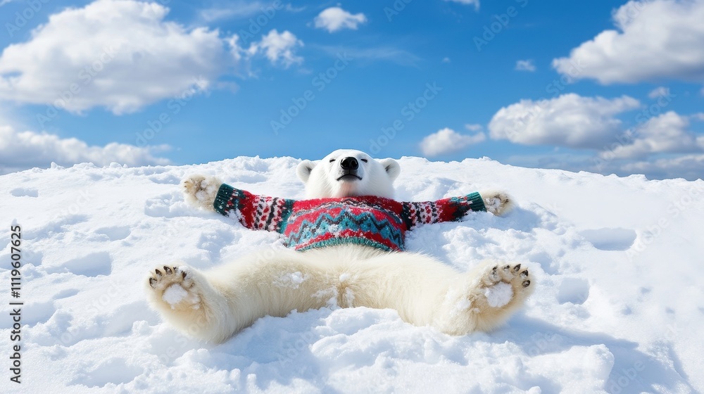 A playful polar bear wearing a festive sweater lying on fresh snow under a bright blue sky, enjoying a sunny winter day. A playful polar bear wearing a festive sweater lying on fresh snow under a bright blue sky, enjoying a sunny winter day.