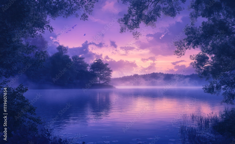 A beautiful lake at twilight, with a purple and blue sky A beautiful lake at twilight, with a purple and blue sky