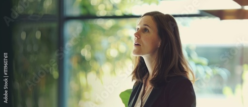 Free Download A woman stands in an office, gazing thoughtfully, surrounded by greenery, embodying focus and the balance between work and nature. - GFXLoad