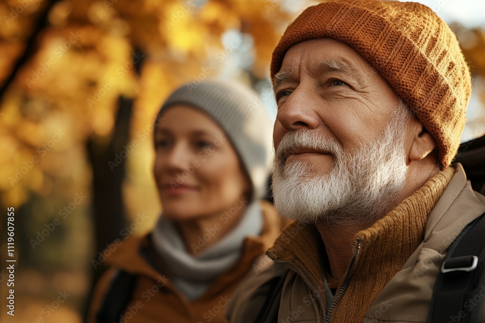 Elderly couple enjoying a peaceful autumn stroll in a park surrounded by vibrant fall foliage Elderly couple enjoying a peaceful autumn stroll in a park surrounded by vibrant fall foliage