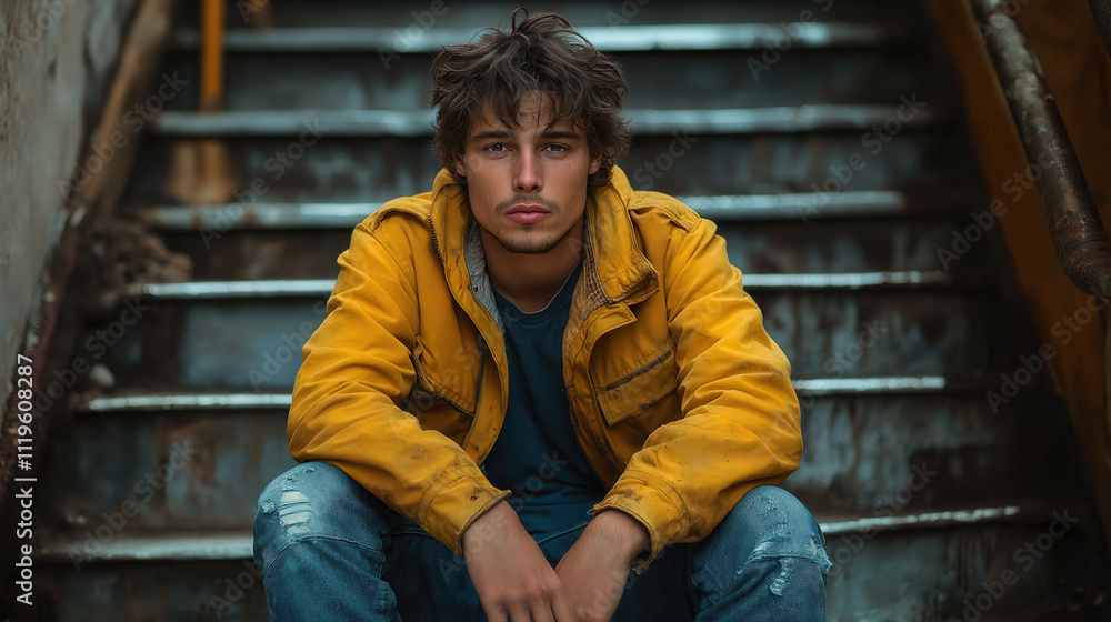 Young Caucasian male in yellow jacket sits on stairs with introspective expression Young Caucasian male in yellow jacket sits on stairs with introspective expression