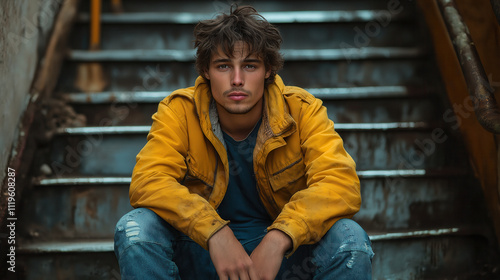 Young Caucasian male in yellow jacket sits on stairs with introspective expression