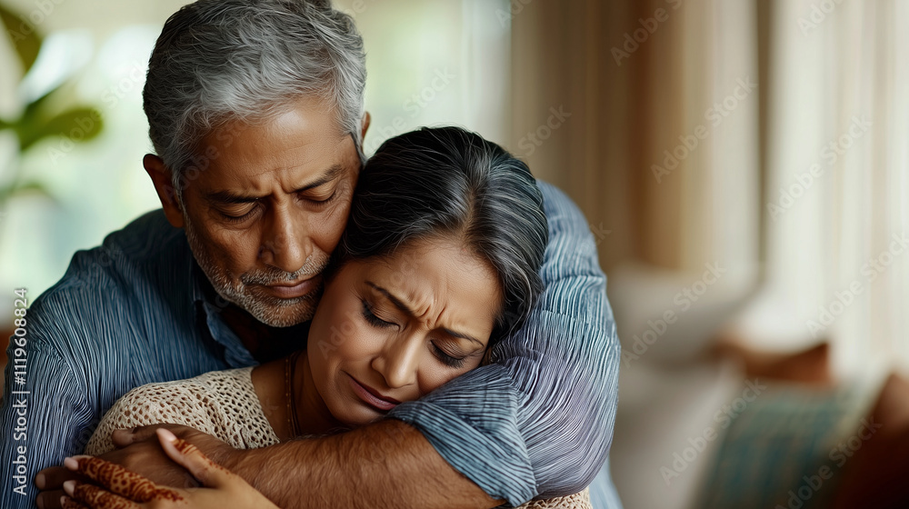 Fototapeta premium Loving Indian Man Comforting Sad Wife in Softly Lit Living Room