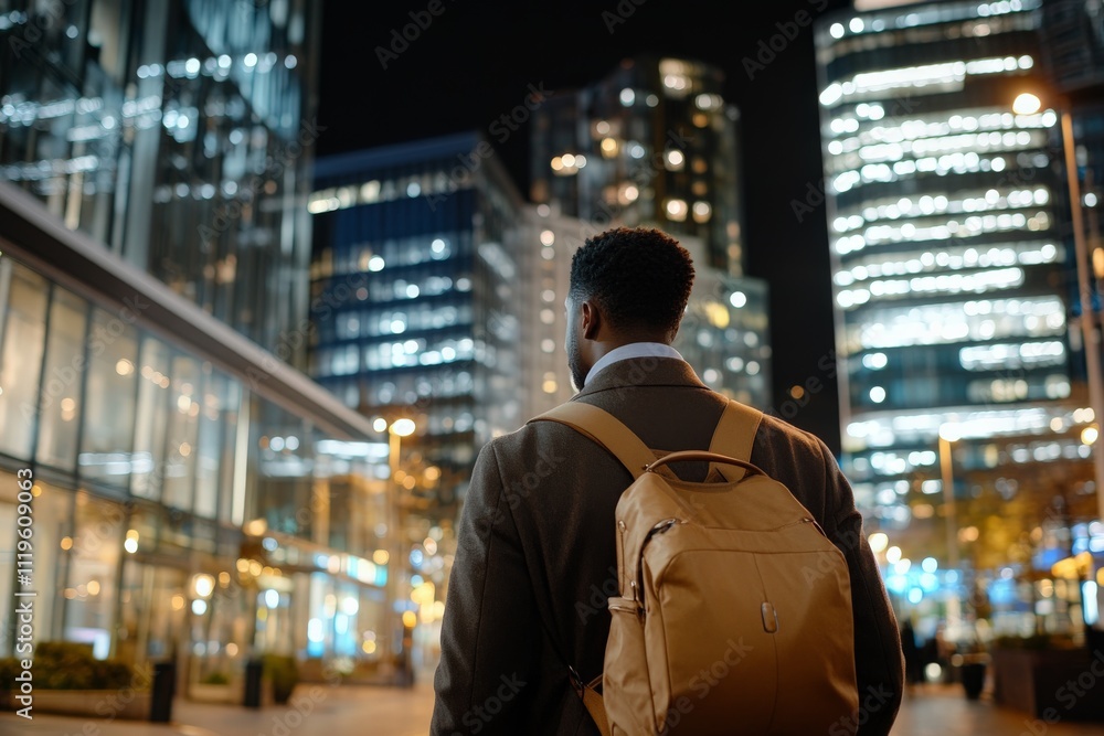 Man walking through a modern city at night, illuminated buildings and bustling atmosphere surrounding him Man walking through a modern city at night, illuminated buildings and bustling atmosphere surrounding him