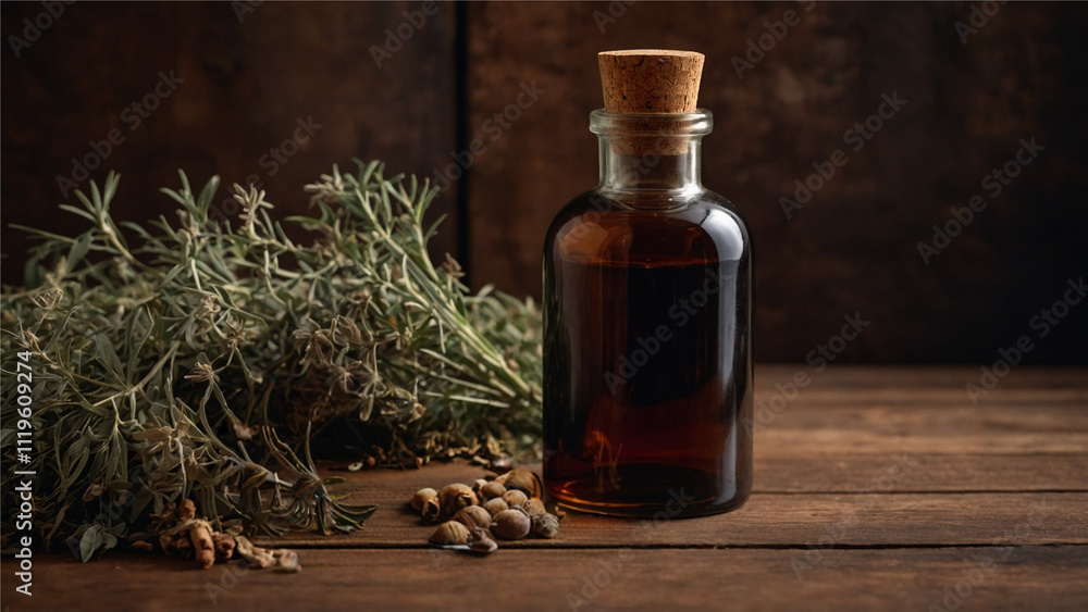 Bottle Mockup with Cap Amber glass bottle with herbs on rustic wooden table Bottle Mockup with Cap Amber glass bottle with herbs on rustic wooden table