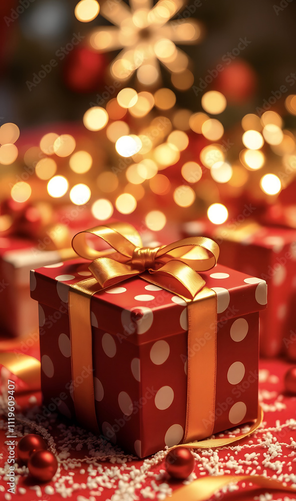 Holiday background for Boxing Day featuring a gift box with a golden ribbon. Holiday background for Boxing Day featuring a gift box with a golden ribbon.