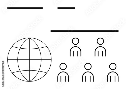 Globe symbol human figures, horizontal lines. Ideal for globalization, networking, teamwork, communication, social interaction, international unity, minimalist art Line metaphor