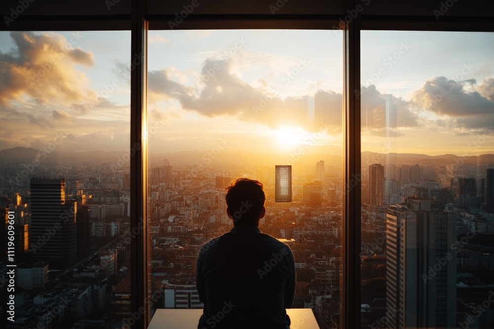 Fototapeta premium Sunset view from high-rise building with a person contemplating the city landscape