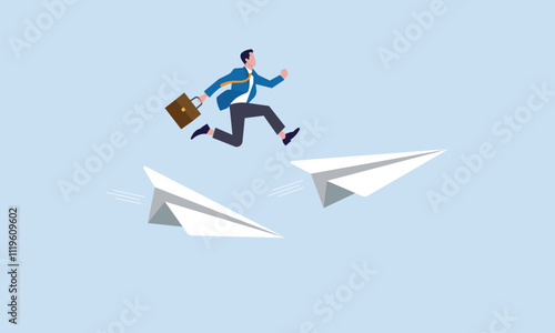 Business and career path concept, achievement, ambition, challenge, businessman jump over the new paper plane