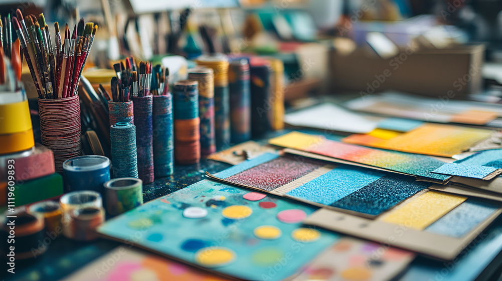 Artist's Workspace with Paint Samples and Brushes Artist's Workspace with Paint Samples and Brushes