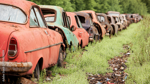 Overconsumption, A row of rusty, vintage cars overgrown with grass, showcasing abandonment and decay in a lush, green setting. photo