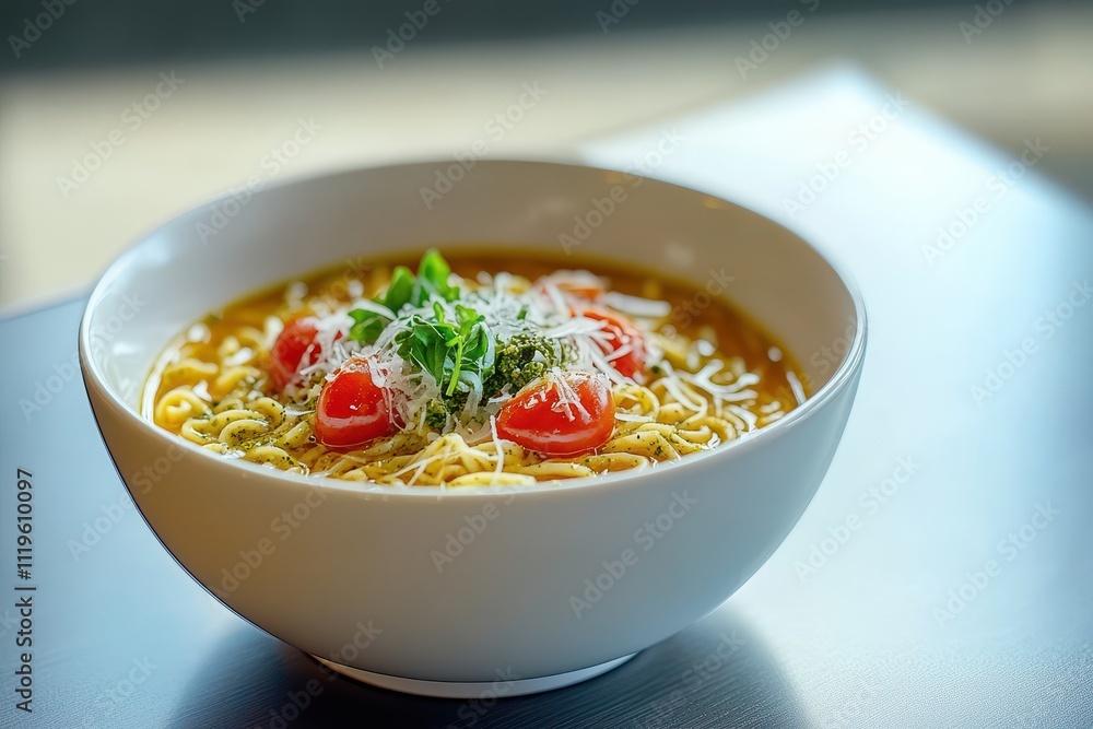 A bowl of noodles topped with tomatoes, herbs, and cheese, served for a meal. A bowl of noodles topped with tomatoes, herbs, and cheese, served for a meal.