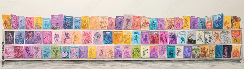 A colorful display of illustrated book covers arranged in a vibrant, artistic manner. A colorful display of illustrated book covers arranged in a vibrant, artistic manner.
